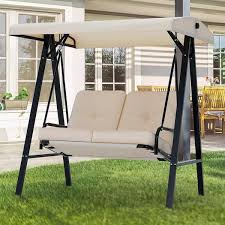 Aecojoy 2 Person Metal Patio Swing With Canopy And Cushions In Beige