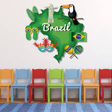 Brazil Map Colourful Landmarks Wall