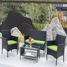 Afoxsos 4 Piece Black Outdoor Rattan Wicker Conversation Set Patio Sofa Set With Coffee Table And Green Cushions
