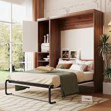 White And Brown Wood Frame Full Size Murphy Bed Wall Bed With Cabinet