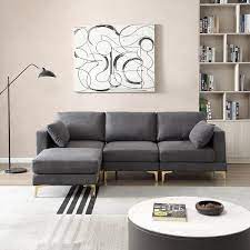 92 9 In Wide Square Arm Polyester Modern L Shaped Sofa In Dark Gray With Ottoman And 2 Pillows