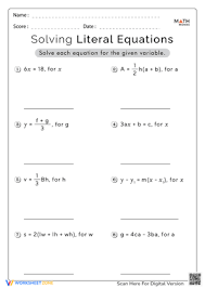 Solving Literal Equations Worksheets