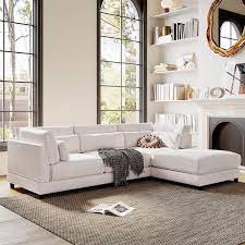 111 In Straight Arm 2 Piece Polyester L Shaped Sectional Sofa In Beige With Removable Covers