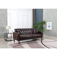 Modern 77 95 In W Square Arms Pu Leather Straight Sofa Bed Couch Of 3 Seaters And 2 Throw Pillows Tufted Back In Brown