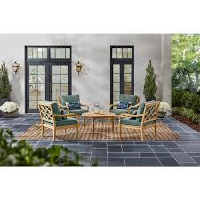 Home Decorators Collection Lakewood 5 Piece Teak Patio Set With Cushionguard Plus Willow Green Cushions