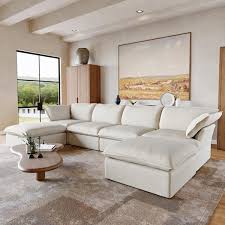 163 In Free Combination Linen Flannel U Shaped Deep Seat Couch Modular 6 Seat Sectional Sofa With Ottoman Beige