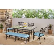 Hanover Monaco 6 Piece Patio Dining Set In Blue With Four Dining Chairs Bench And 40 X 68 Tile Top Table