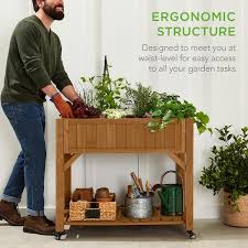 Best Choice S Elevated Mobile Pocket Herb Garden Bed Planter W Lockable Wheels Storage Shelf Acorn Brown