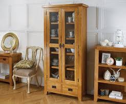 Country Oak Tall Glass Display Cabinet Unit