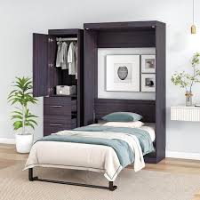 Angel Sar Gray Wood Frame Twin Murphy Bed With Wardrobe And 3 Storage Drawers Storage Bed Can Be Folded Into A Cabinet