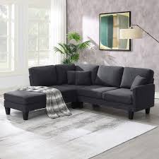 90 In W L Shaped Terrycloth Fabric Minimalist Sectional Sofa In Gray With 3 Pillows
