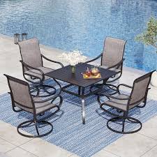Phi Villa Black 5 Piece Metal Square Patio Outdoor Dining Set With Slat Table And Textilene Swivel Chairs