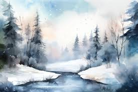 Watercolor Painting Of A Snowy River In