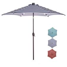 8 7 Ft Market Patio Umbrella In Blue White Stripes With 24 Led Lights Push On Tilt And Crank