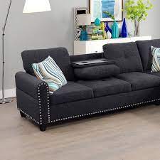 Star Home Living Corp Victor Linen Fabric Sectional Sofa In Black Gray