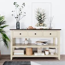 Retro And Modern Design 50 In Beige And Espresso Rectangle Pine Console Table With 3 Top Drawers And 2 Open Shelves