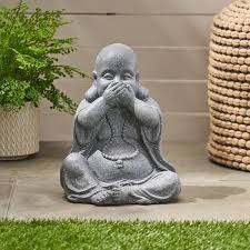 Harrod Outdoor Speak No Evil Monk Garden Statue Stone Gray