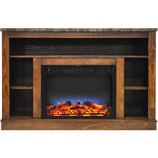 Hanover Oxford 47 In Electric Fireplace Heater With 1500w Deep Log Insert Multi Color Flames And A V Storage Mantel In Walnut