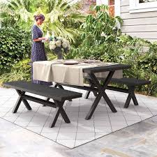 X Base 3 Piece Rectangular Aluminum Plastic Wood Outdoor Patio Dining Table Set Black