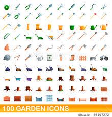 100 Garden Icons Set Cartoon Style