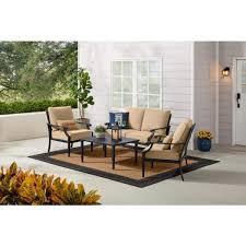 Hampton Bay Braxton Park 4 Piece Black Steel Outdoor Patio Conversation Deep Seating Set With Sunbrella Beige Tan Cushions