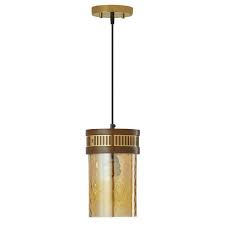 River Of Goods Ritta 1 Light Gold Shaded Pendant Light With Brown Mango Wood And Amber Textured Glass Cylinder Shade