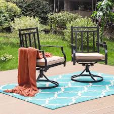 Phi Villa Black Metal Stripe Patio Outdoor Dining Swivel Chair With Beige Cushion 2 Pack