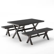 X Base 3 Piece Rectangular Aluminum Plastic Wood Outdoor Patio Dining Table Set Black