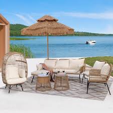 Nicesoul 7 Piece Boho Natural Wicker Patio Outdoor Sofa Set With Ice Bucket And Egg Chair With Beige Cushions