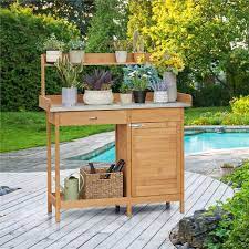 Yaheetech Outdoor Garden Potting Bench Table With Metal Tabletop Cabinet Drawer And Open Shelf Wood