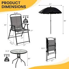 6 Pieces Patio Dining Set Folding Chairs Glass Table Tilt Umbrella For Garden Gray Costway
