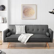 71 6 In Wide Square Arm Modern Cotton Straight Variable Bed Folding Sofa With Wood Legs For Living Room In Dark Gray