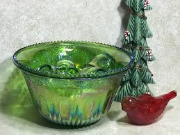 Punch Bowl Cups Green Carnival Glass