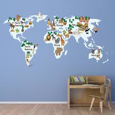 Pale Blue Animal World Map Wall Sticker