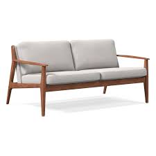 Midcentury Show Wood 66 Sofa Performance Washed Canvas Storm Gray Pecan West Elm