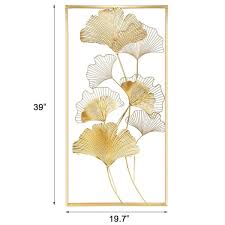 Metal Wall Decor 39 In X 20 In Gold Ginkgo Leaf Wall Hanging Decor With Frame Golden Metal Art Wall Sculpture