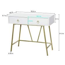 Modern Home Office Desk 35 4 In Makeup Vanity Table White 2 Drawers Writing Computer Desk With Golden Legs
