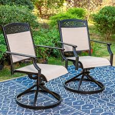 Phi Villa Black Aluminum Classic Pattern Swivel Rockers Sling Outdoor Dining Chair 2 Pack