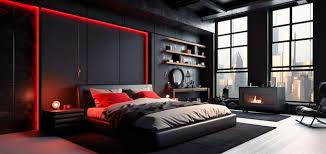 A Black Bedroom With Red Wall And Fireplace