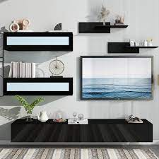 Harper Bright Designs 95 In Black Tv Stand With 4 Media Storage Cabinets And 2 Shelves Fits Tv S Up To 95 In With 16 Color Rgb Led Lights
