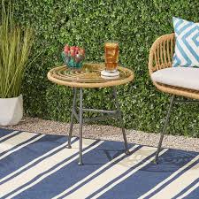 Orlando Light Brown And Black Round Woven Faux Rattan Outdoor Side Table With Glass Top