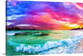 Purple Blue Sunset Ocean Wave Beautiful Sea Large Solid Faced Canvas Wall Art Print Great Big Canvas