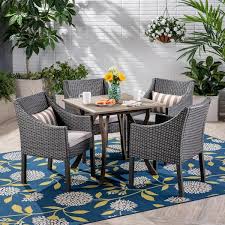 Noble House Parma Gray 5 Piece Wood And Wicker Outdoor Dining Set With Silver Cushions