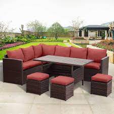 7 Piece Pe Rattan Wicker Patio Dining Sectional Cusions Sofa Set In Red