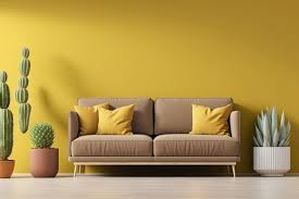 Yellow Living Room With Brown Sofa