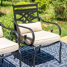 Phi Villa Black Stationary Arm Metal Outdoor Dining Chair With Beige Cushions 2 Pack