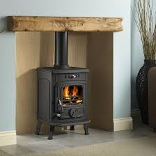 Wooden Mantel Above A Wood Burning Stove