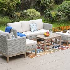 5 Piece Rattan Wood Outdoor Patio Conversation Set With Beige Cushions 2 Ottomans And Acacia Wooden Table
