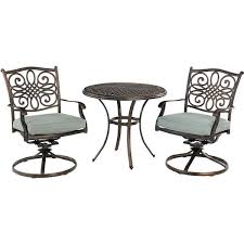 Agio Renditions 3 Piece Aluminum Outdoor Dining Set With Sunbrella Mist Blue Cushions 2 Swivel Rockers And 32 In Table