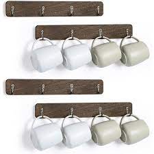 Oumilen Wall Mounted Coffee Mug Holder Rustic Wood Cup Organizer With Hooks Set Of 4 Rustic Brown